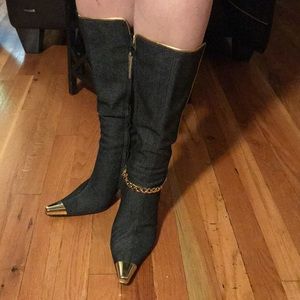 DARK DENIM ZIP BOOTS W/  5" GOLD HEEL